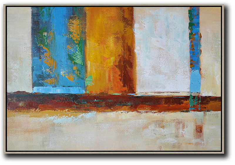 Oversized Horizontal Contemporary Art,Hand Paint Abstract Painting,Blue,Earthy Yellow ,White